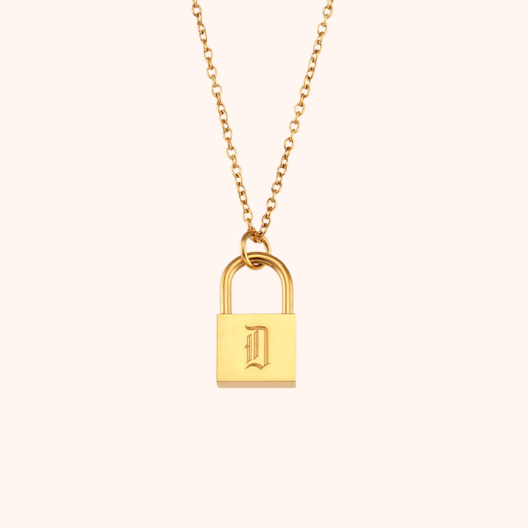 18k gold lock pendant necklace with engraved letter D